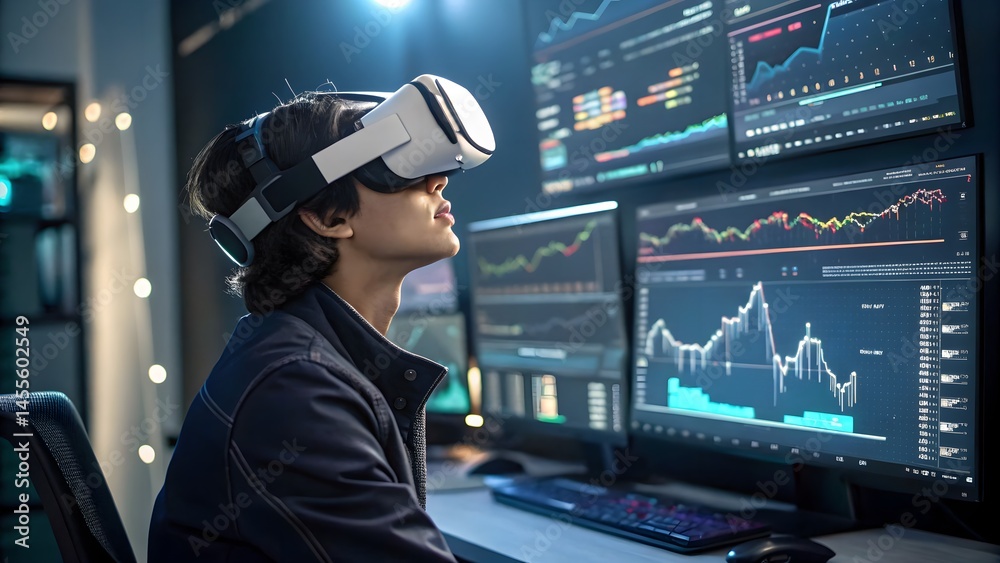 An individual wearing a virtual reality headset interacting with floating financial data visualizations, depicting immersive technology in financial analysis and data exploration. An individual wearing a virtual reality headset interacting with floating financial data visualizations, depicting immersive technology in financial analysis and data exploration.