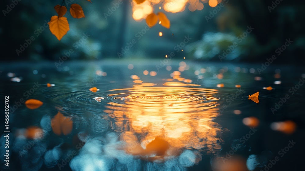 A beautiful scene of raindrops on a water surface, with the reflection of autumn leaves, a blurred background A beautiful scene of raindrops on a water surface, with the reflection of autumn leaves, a blurred background