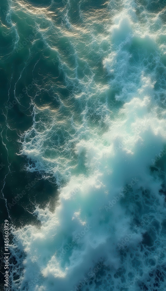 Fototapeta premium Dynamic aerial view of ocean waves crashing and foaming, displaying turquoise and teal hues, creating a powerful, natural scene