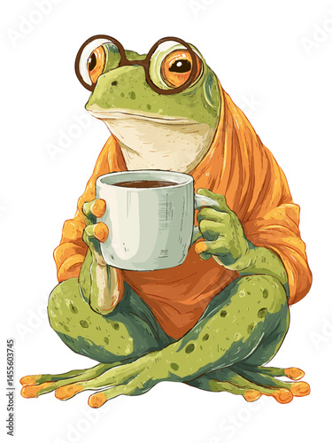 Cozy anthropomorphic frog in glasses and orange sweater holding a coffee mug illustration, isolated with transparent background