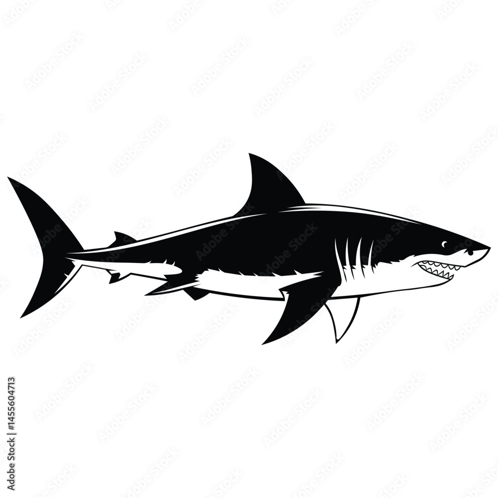 Obraz premium This bold, black-and-white vector artwork features a fierce shark in mid-turn, mouth open to reveal sharp, intimidating teeth. 