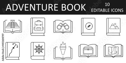 Adventure book icon sheet featuring maps, mountains, compasses, and treasure symbols. Ideal for journey-themed designs and exploration genre illustrations.