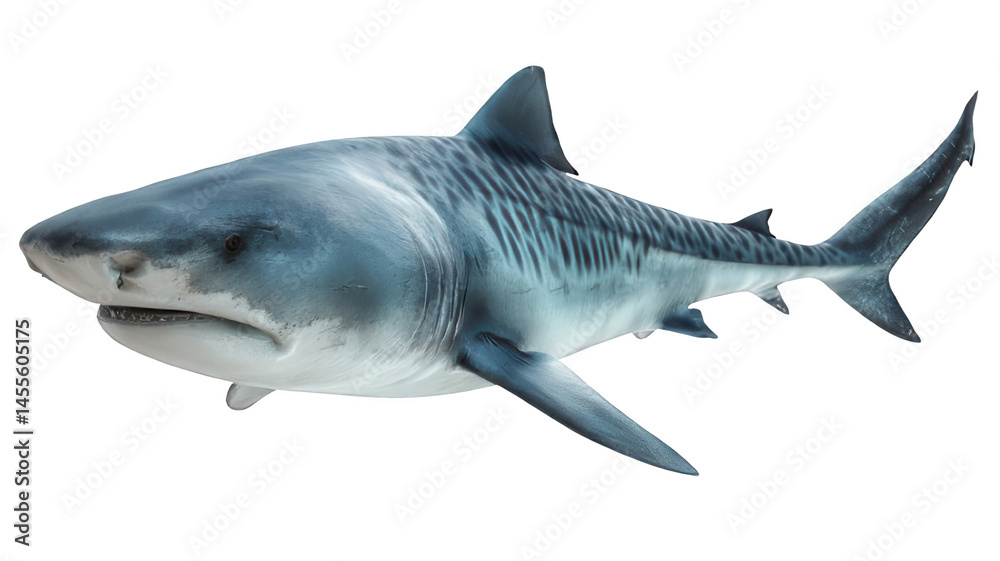 Naklejka premium High-Detail Tiger Shark Close-Up on White Background