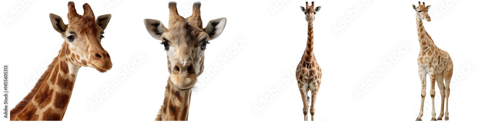 Fototapeta premium Giraffe showcases its unique features and long neck against a transparent background, emphasizing its distinctive spots and curious expression