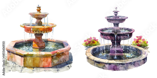 courtyard fountain watercolor vector illustration