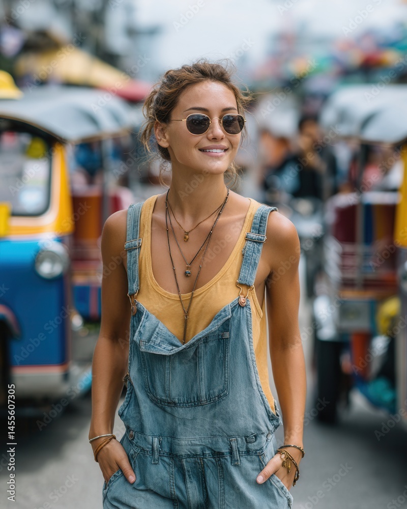 Fototapeta premium Young Woman in Sunglasses Enjoying Colorful Street Scene