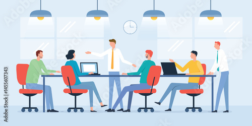 business team meeting. business marketing team brainstorming planning for marketing strategy. flat vector illustration. group people character working concept
