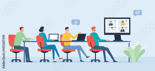 flat vector Group business team video conference meeting online with business people working for brainstorming concept	