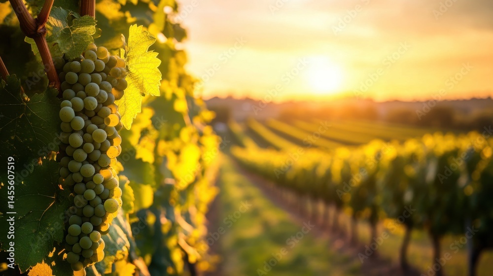 Naklejka premium A lush vineyard with rows of grapevines under a golden sunset