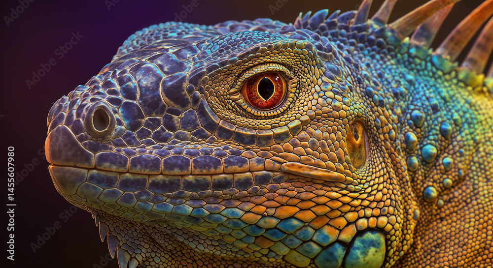 Fototapeta premium Colorful Iguana Head Close Up Vibrant Scales Reptile Eye Art