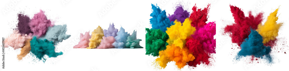 A collection of colorful powder clouds in pink, blue, yellow, and red, illustrating energetic explosions of color, suitable for fun and creative designs A collection of colorful powder clouds in pink, blue, yellow, and red, illustrating energetic explosions of color, suitable for fun and creative designs
