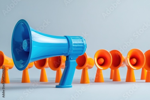 contrasting blue megaphone leading group of orange ones, uniqueness theme