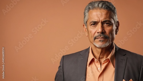 Poised Mature Hispanic Man with Warm Peach Background
