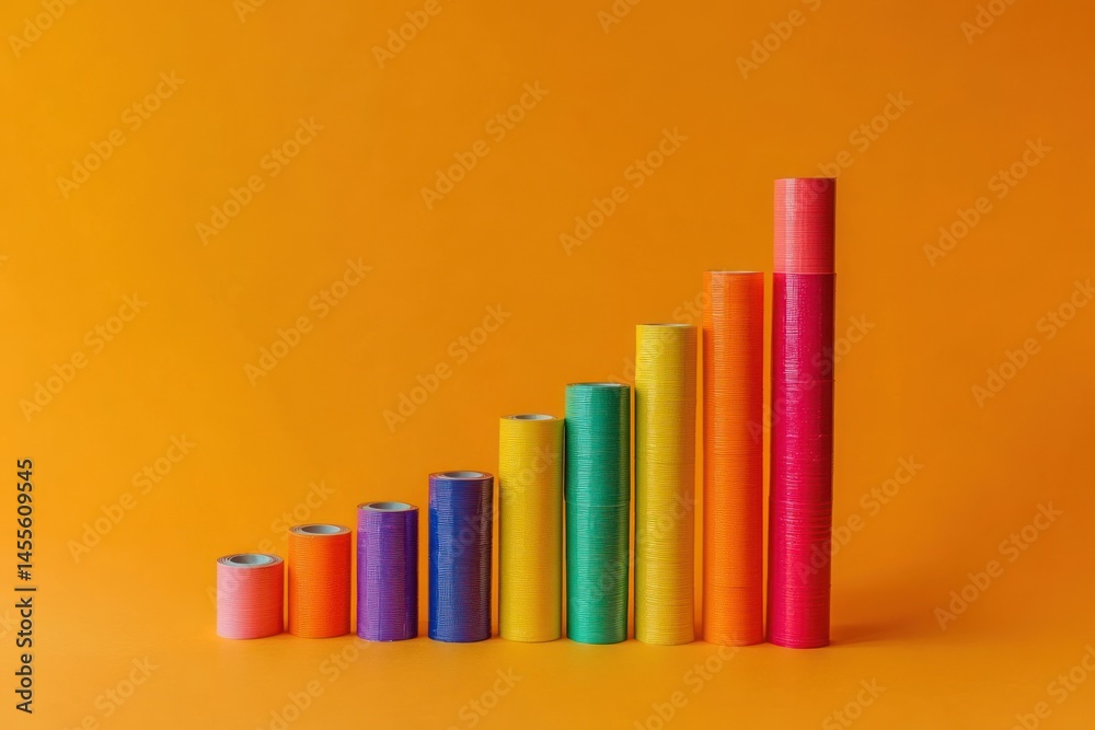 creative bar chart made of rainbow duct tapes, minimal style on orange backdrop creative bar chart made of rainbow duct tapes, minimal style on orange backdrop