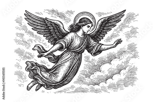 angel flies in the sky engraving woodcut illustration
