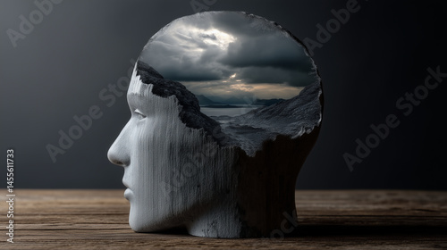 Head Sculpture with Stormy Landscape Inside