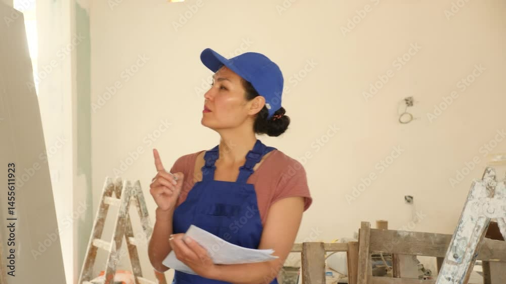 Asian female architect controling works on a construction site indoors is carefully studying important documentation. . High quality 4k footage