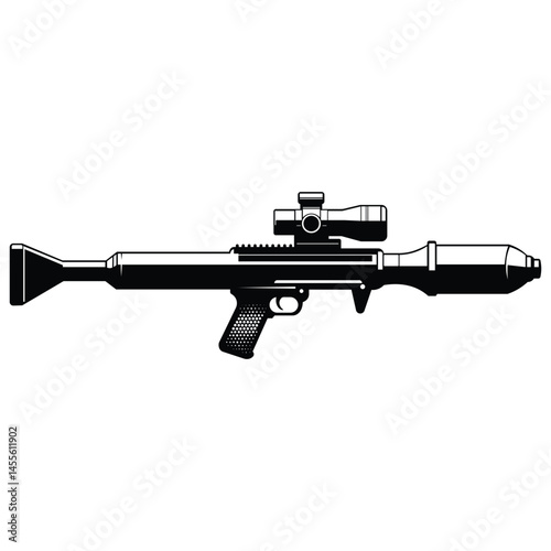 This minimalist black-and-white vector illustration depicts a scoped RPG rocket launcher in a clean, side-profile view. 