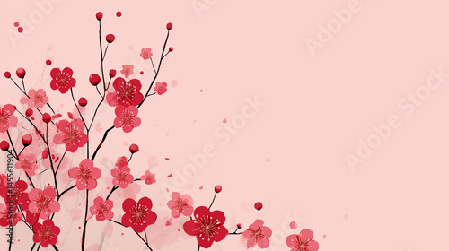 Illustration of Red Cherry Blossoms on Pale Pink Background