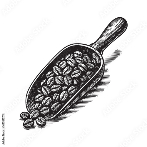 Scoop of Coffee Beans engraving woodcut illustration