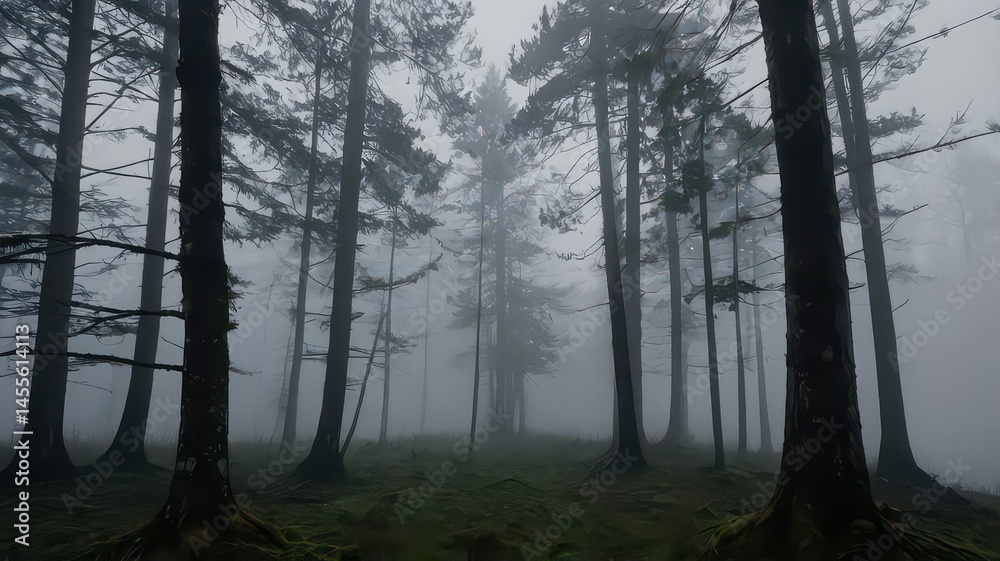 Fototapeta premium A misty forest scene with tall trees and a dense fog creating a mysterious atmosphere in nature