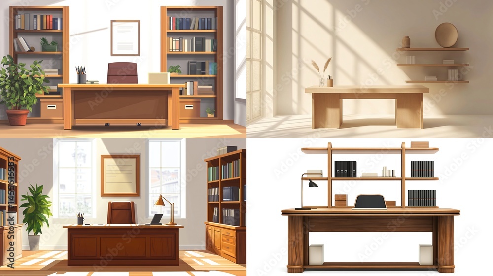 Fototapeta premium Four different office spaces, featuring desks, bookshelves, and various decor elements