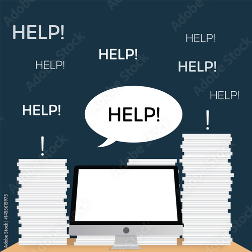 There are piles of books and documents and text asking for help.