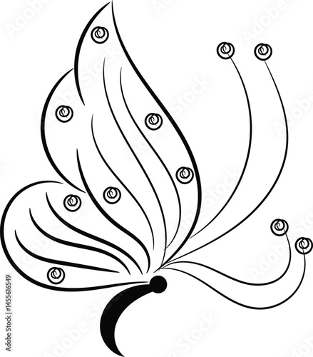 Elegant Black Line Art Butterfly Design with Floral Accents