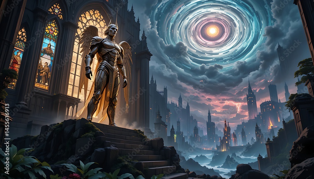 Obraz premium Winged Figure Overlooking Fantasy City with Storm Portal