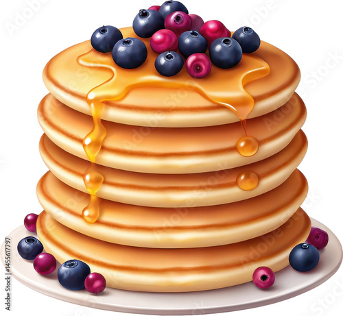A Decadent Stack of Pancakes with Fresh Berries and Syrup