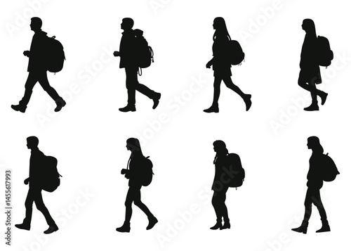 Walking Travelers Silhouettes Backpacks Travel Adventure People
