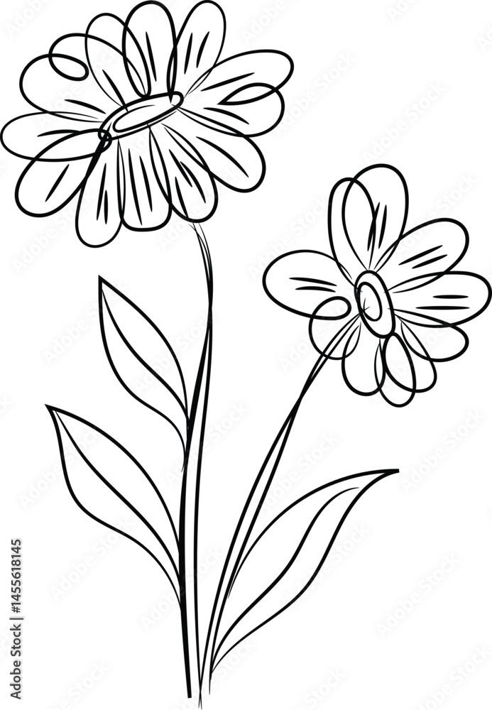 Elegant Line Art Drawing of Two Simple Flowers with Leaves