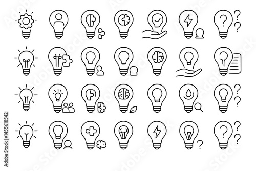 Idea, creativity line icon set. Vector pictograms of brainstorming, innovation, problem-solving, abstract thinking, insight, imagination thin linear illustration.