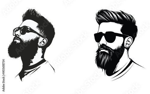 Stylish Man with Beard Sunglasses Black and White Vector Art