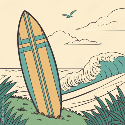 Vintage Wooden Surf Board with Retro Stripes and Ocean Vibes