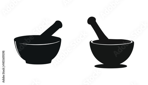 Pestle and Mortar Icons Set Black Silhouette Design