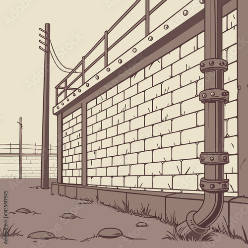 Industrial Brick Wall Background with Rusty Metal Elements and Grime Details