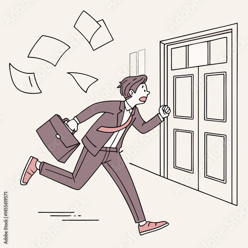 Energetic businessman character running to meeting with papers flying