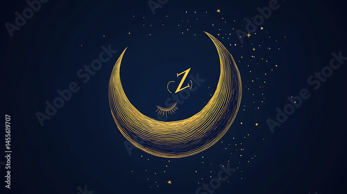 Minimalist crescent moon sleeping with closed curved eyes and tiny Zzz symbol in single continuous thin line drawing on dark blue starry background