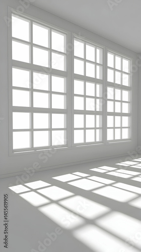 Sunlight streams through large windows in a minimalist white room, casting shadows on the floor; ideal for architecture or interior design