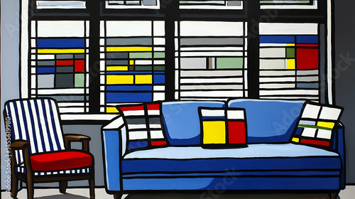 Modern art blue sofa and armchair in a room with geometric window blinds