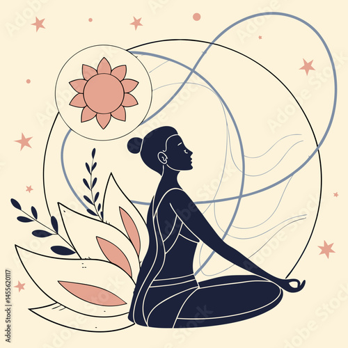 Meditative yoga pose surrounded by cosmic energy and soft aura
