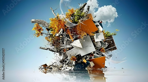 Abstract autumnal landscape; geometric forms, tree branches, reflection; surreal art for website design