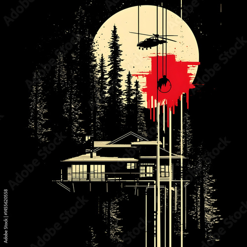 Nighttime forest rescue; helicopter over lake house; blood splatter; thriller film poster