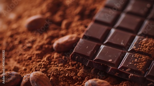 Gourmet Chocolate with Cocoa Powder: A gourmet chocolate bar with flowing cocoa powder in the background. 
