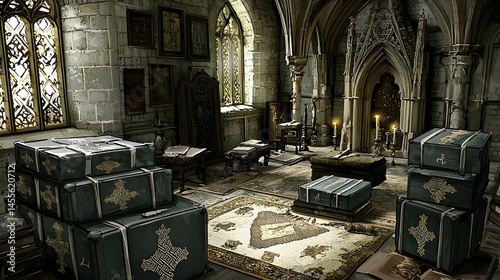 Medieval chapel storage room, mysterious packages, gothic architecture background; game asset
