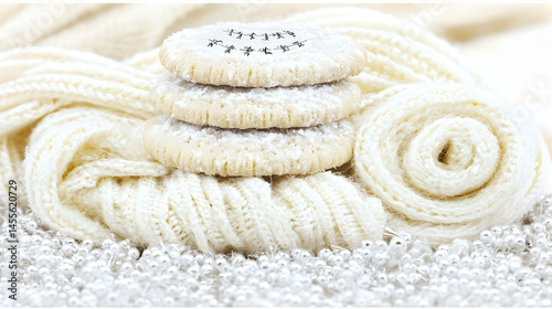 Stack of shortbread cookies on warm winter knitwear, silver beads background; cozy winter food photography for blogs, websites
