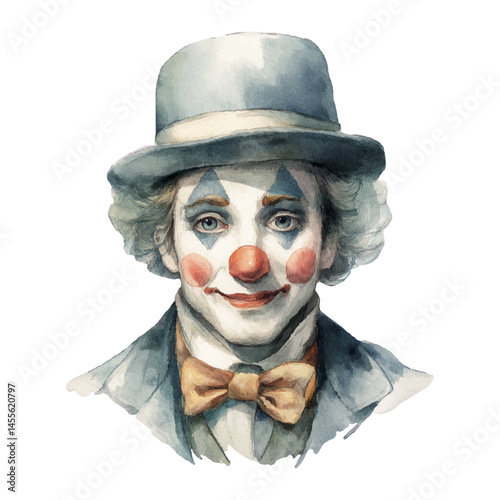 Watercolour portrait of a classic clown with makeup, red nose, and vintage costume, isolated with transparent background