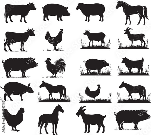 Farm animal silhouette vector collection.