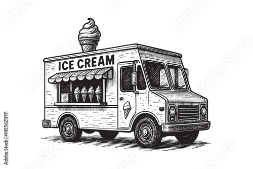 Ice Cream Truck engraving woodcut illustration